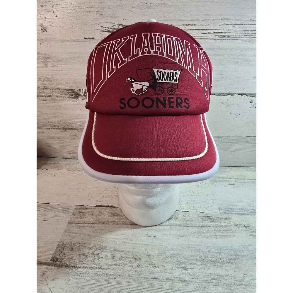 Vintage Oklahoma Sooners Trucker Hat Cap Snapback Crimson 3 Stripes Mesh Back